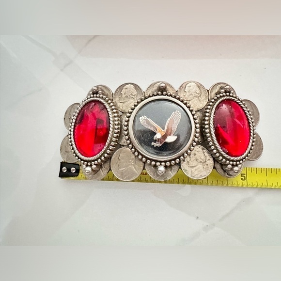 Patriot BELT BUCKLE MENS Eagle Nickels and Red Cabochons 5.5 Silver Tone 4110 B - Picture 8 of 11